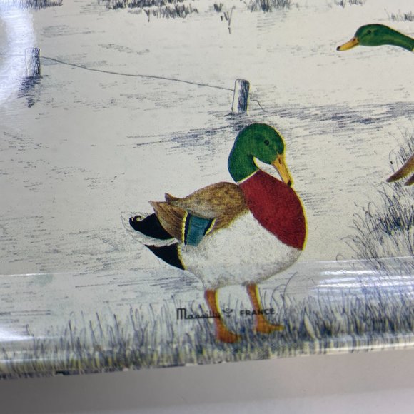 Vintage MASSILY Stamped Metal Outdoor Duck Pond Wood Scene Snack Trays Set of 2 - Picture 4 of 10